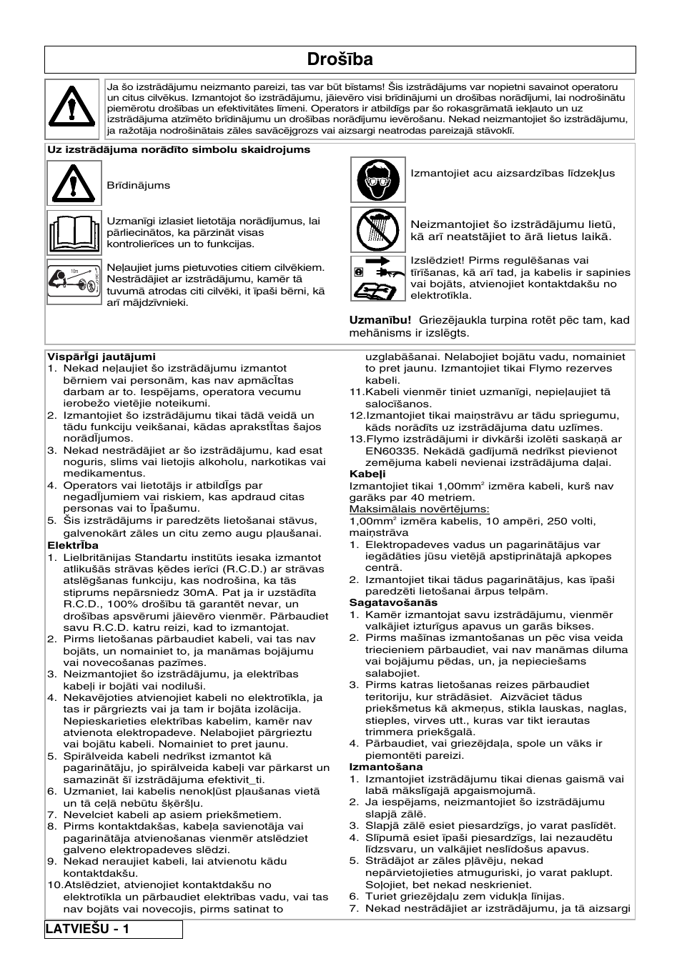 Dro|œba, Latvie{u - 1 | Flymo Samurai 800/1000 User Manual | Page 44 / 52