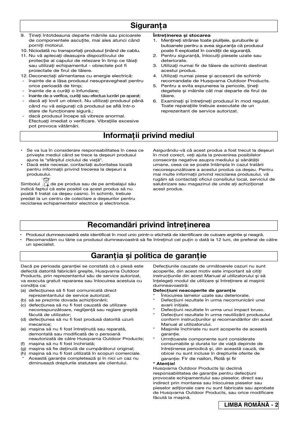 Siguranţa, Informaţii privind mediul, Garanţia și politica de garanţie | Recomandări privind întreţinerea, Limba român^ - 2 | Flymo Samurai 800/1000 User Manual | Page 47 / 52