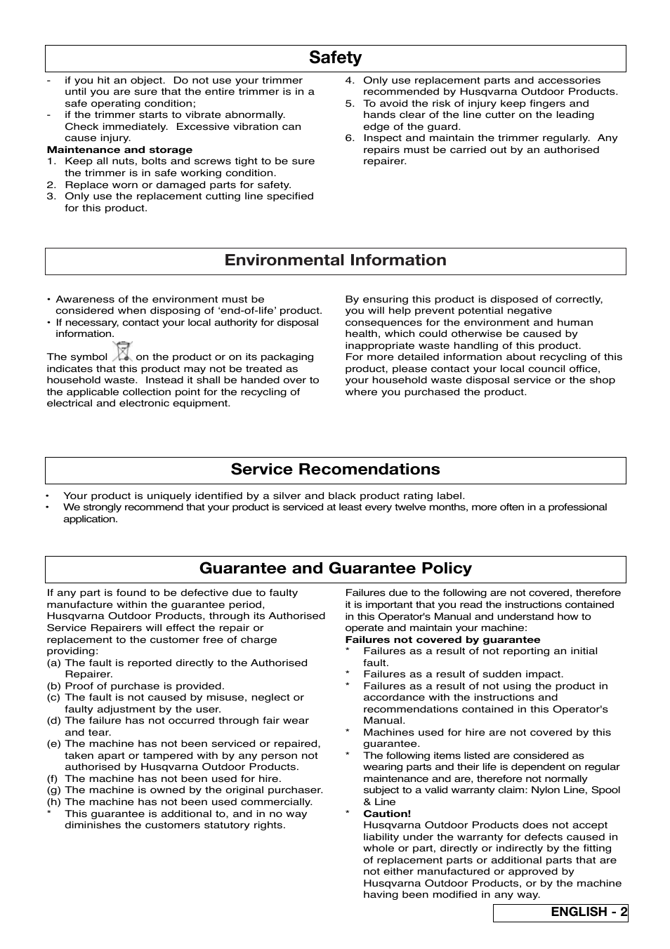 Safety, Environmental information, Guarantee and guarantee policy | Service recomendations, English - 2 | Flymo Samurai 800/1000 User Manual | Page 7 / 52