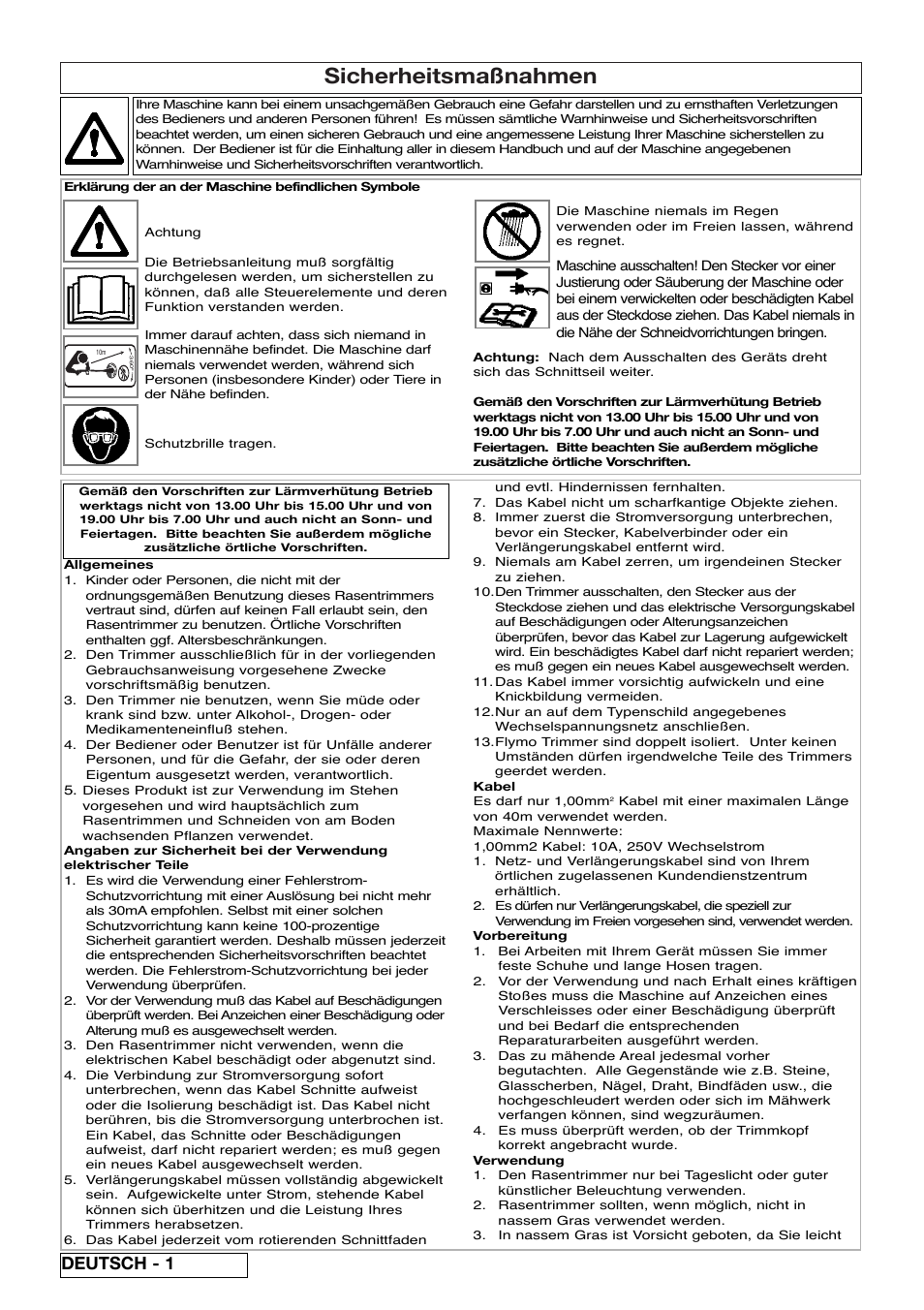 Sicherheitsmaßnahmen, Deutsch - 1 | Flymo Samurai 800/1000 User Manual | Page 8 / 52