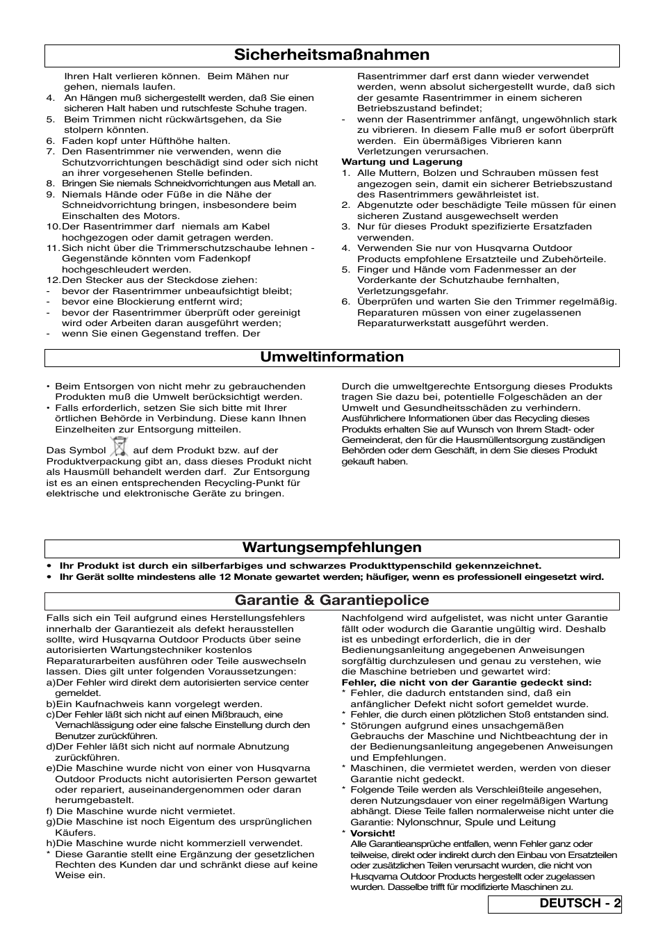 Sicherheitsmaßnahmen, Garantie & garantiepolice, Umweltinformation | Wartungsempfehlungen, Deutsch - 2 | Flymo Samurai 800/1000 User Manual | Page 9 / 52