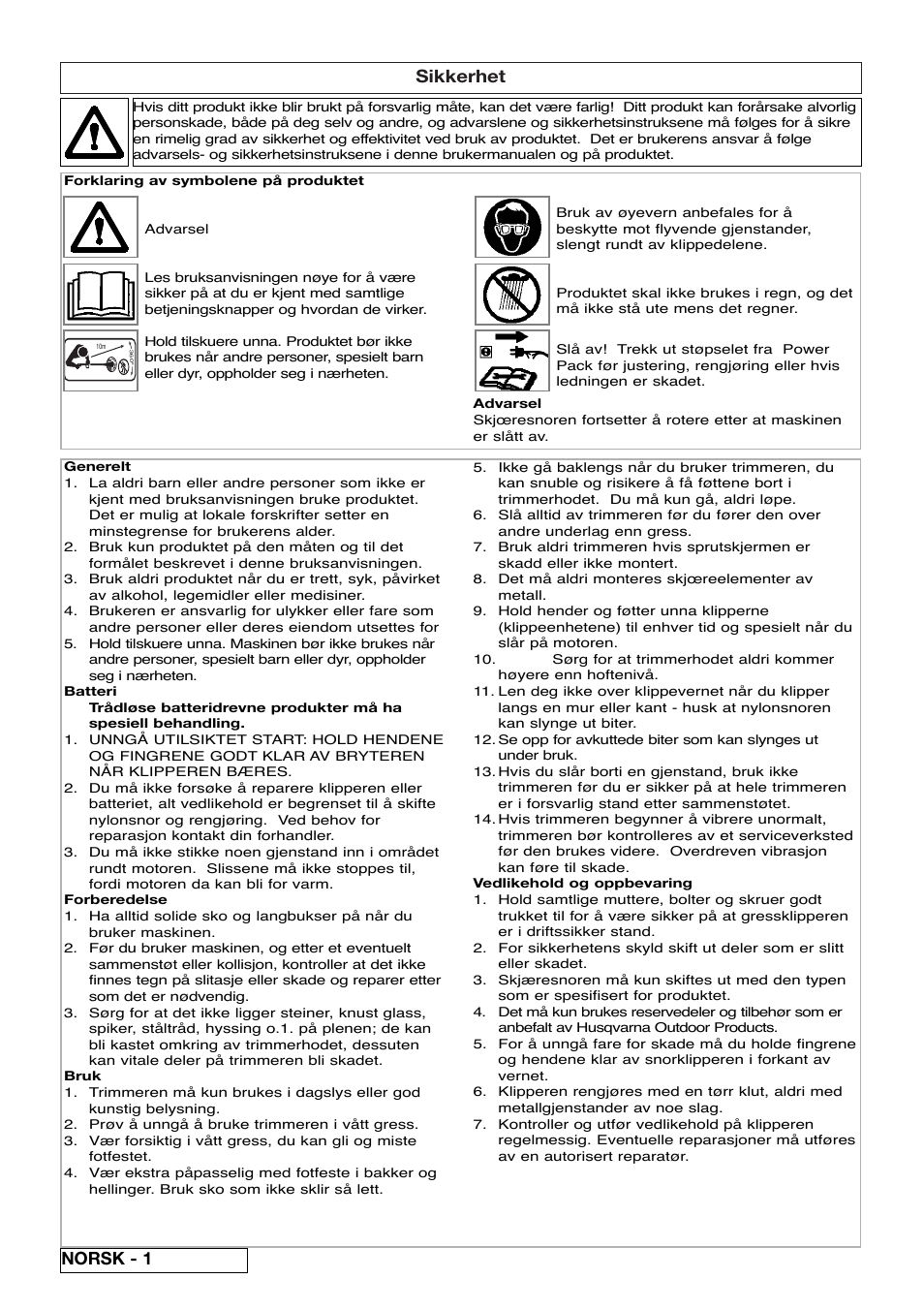 Sikkerhet, Norsk - 1 | Flymo Sabre Trim User Manual | Page 12 / 40