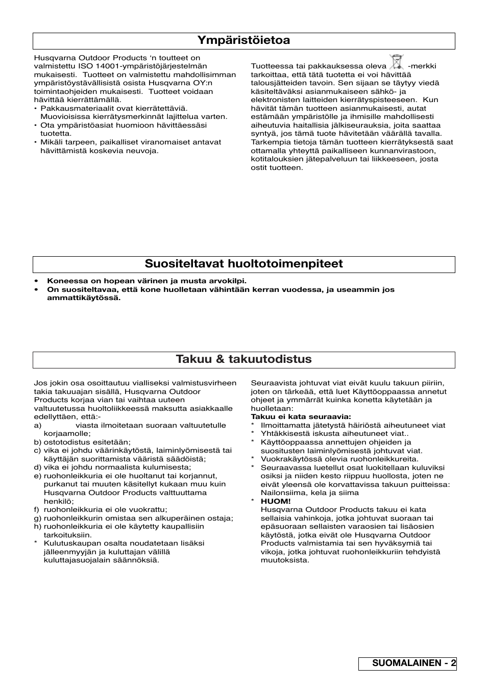 Takuu & takuutodistus, Ympäristöietoa, Suositeltavat huoltotoimenpiteet | Suomalainen - 2 | Flymo Sabre Trim User Manual | Page 15 / 40
