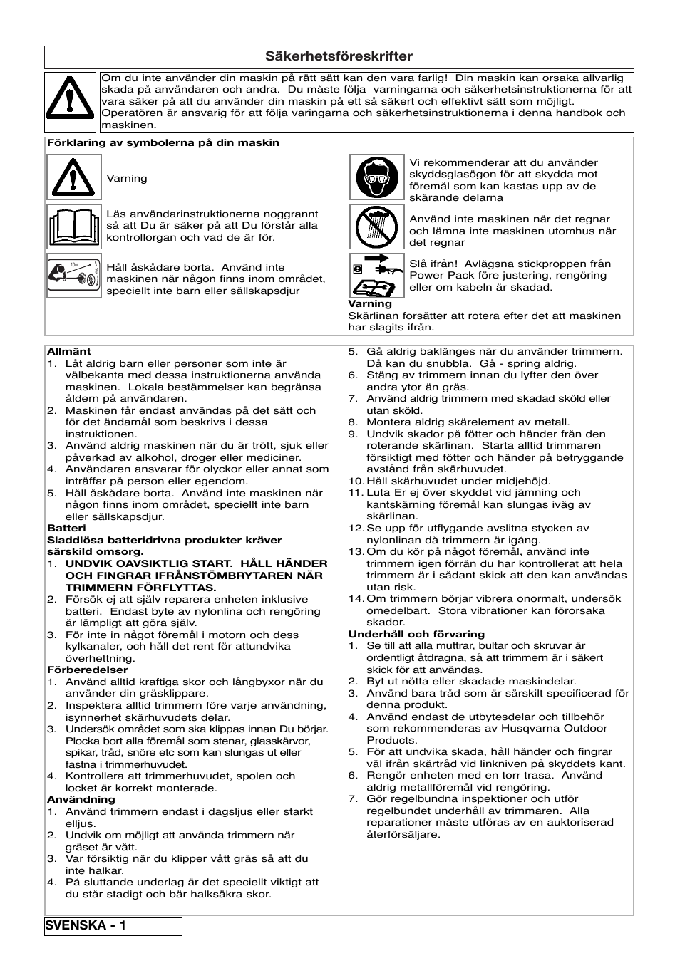 Säkerhetsföreskrifter, Svenska - 1 | Flymo Sabre Trim User Manual | Page 16 / 40