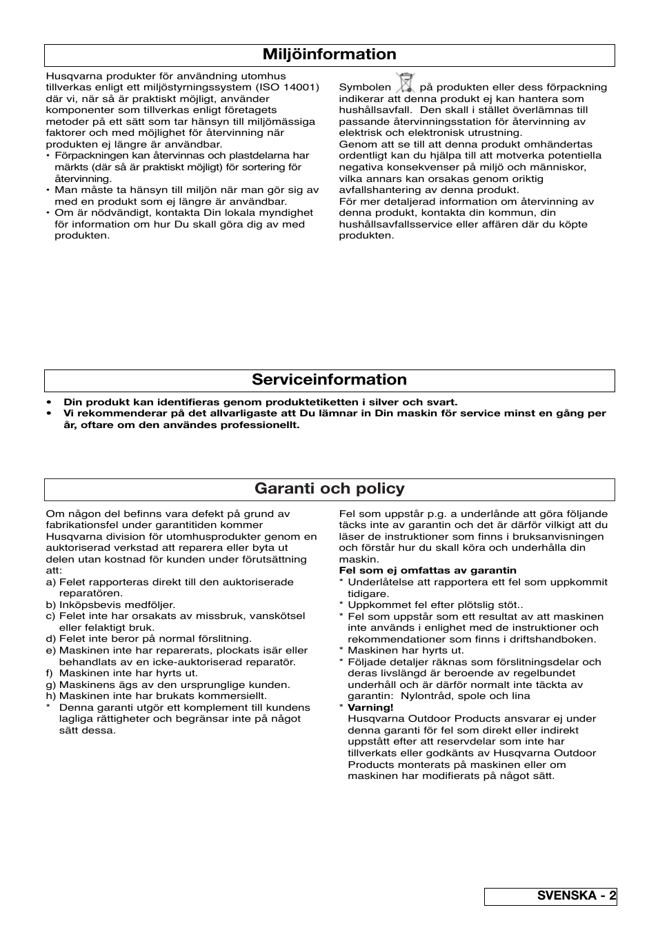 Garanti och policy, Miljöinformation, Serviceinformation | Svenska - 2 | Flymo Sabre Trim User Manual | Page 17 / 40