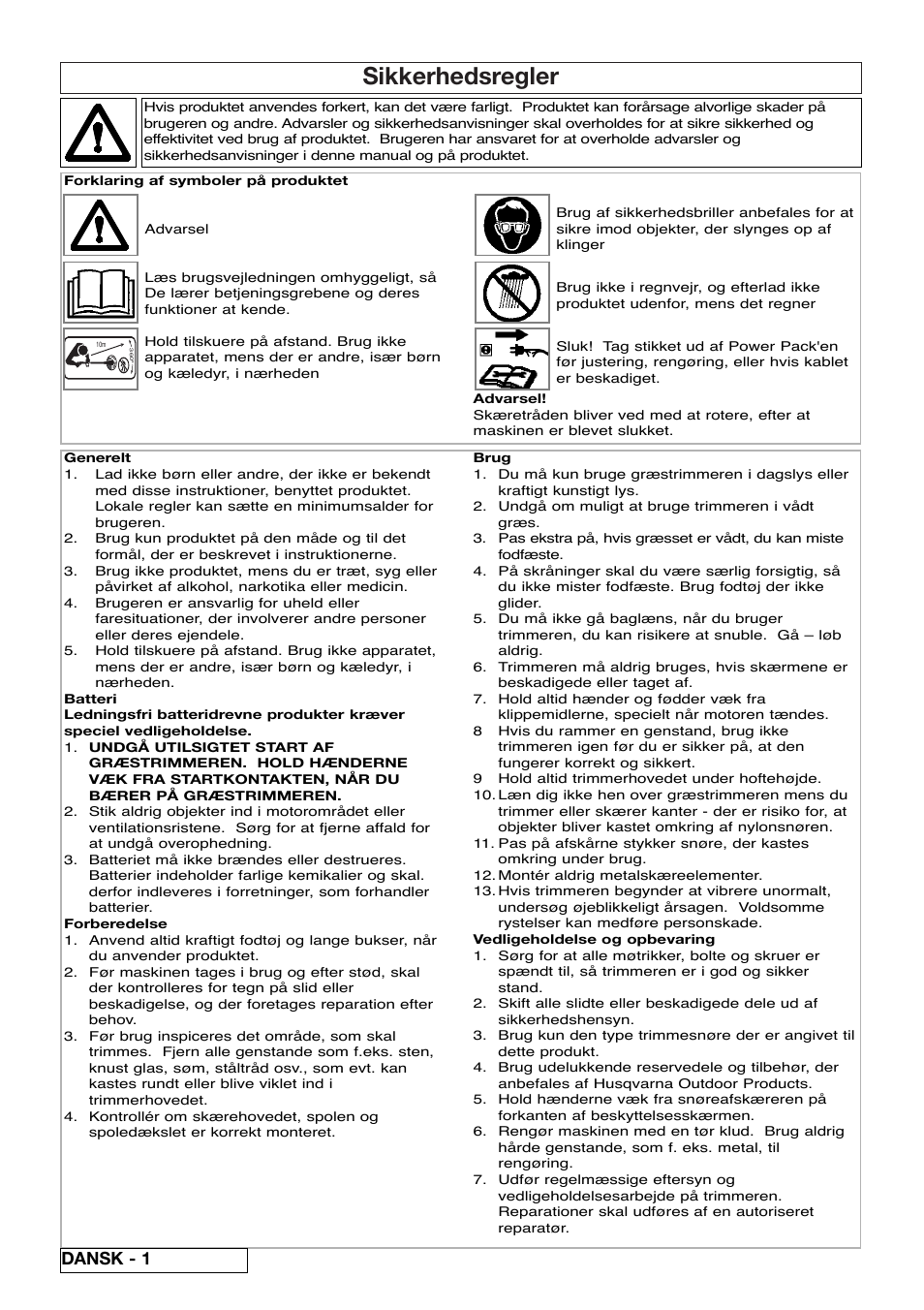 Sikkerhedsregler, Dansk - 1 | Flymo Sabre Trim User Manual | Page 18 / 40
