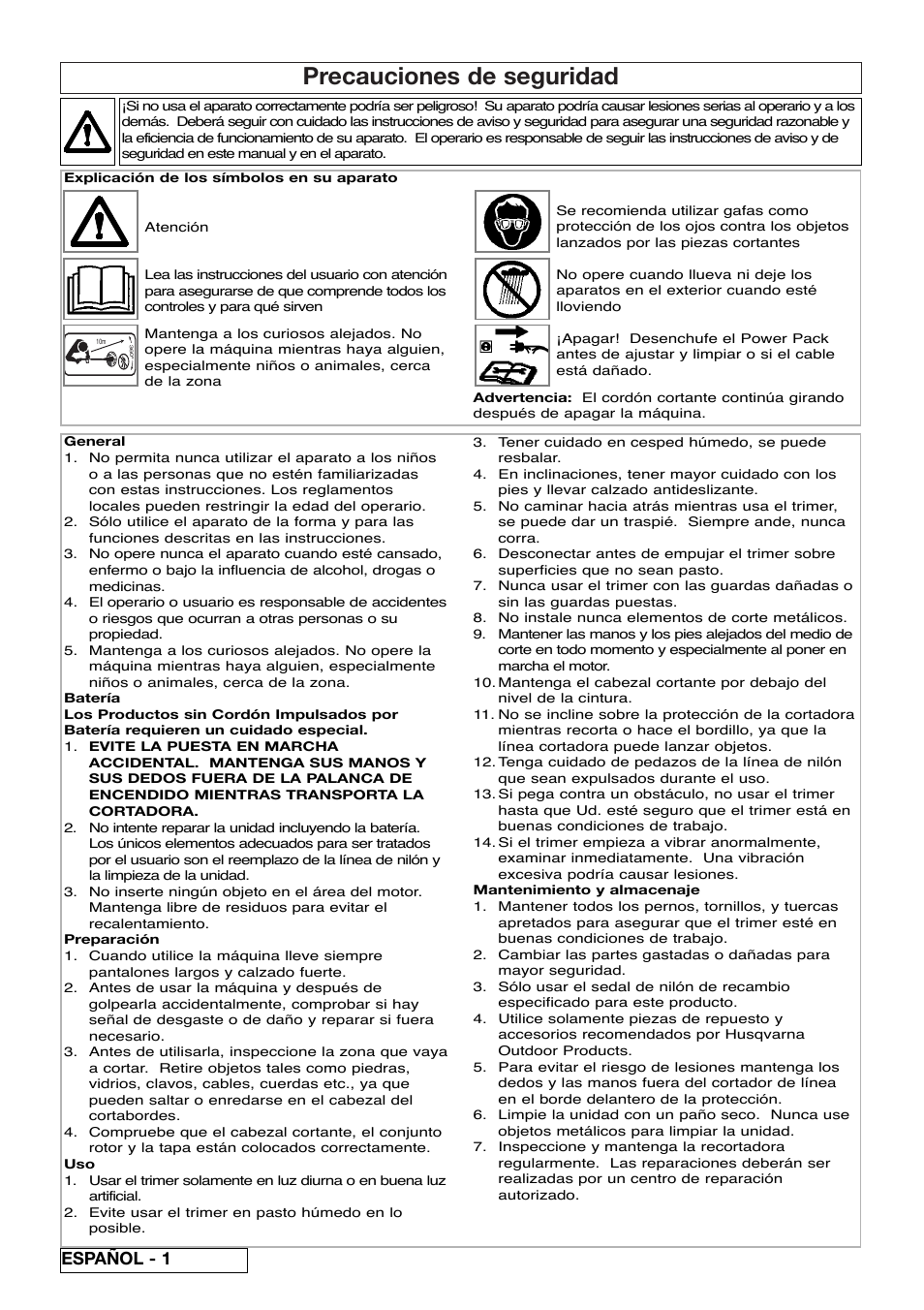 Precauciones de seguridad, Español - 1 | Flymo Sabre Trim User Manual | Page 20 / 40