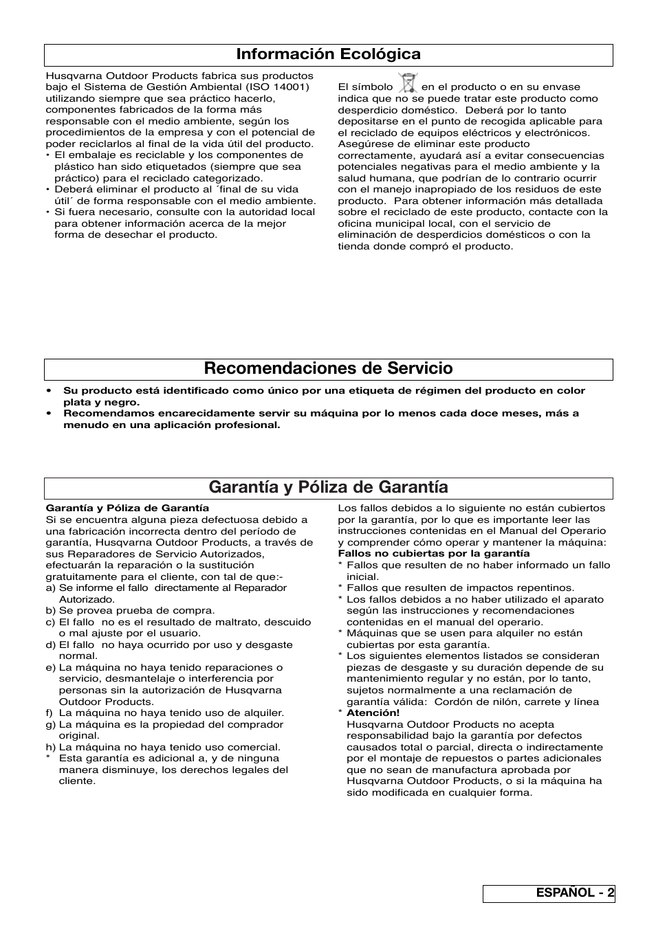 Garantía y póliza de garantía, Recomendaciones de servicio, Información ecológica | Español - 2 | Flymo Sabre Trim User Manual | Page 21 / 40