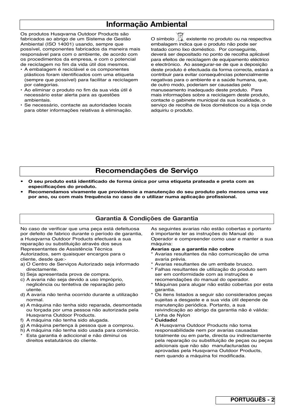 Informação ambiental, Recomendações de serviço, Garantia & condições de garantia | Português - 2 | Flymo Sabre Trim User Manual | Page 23 / 40