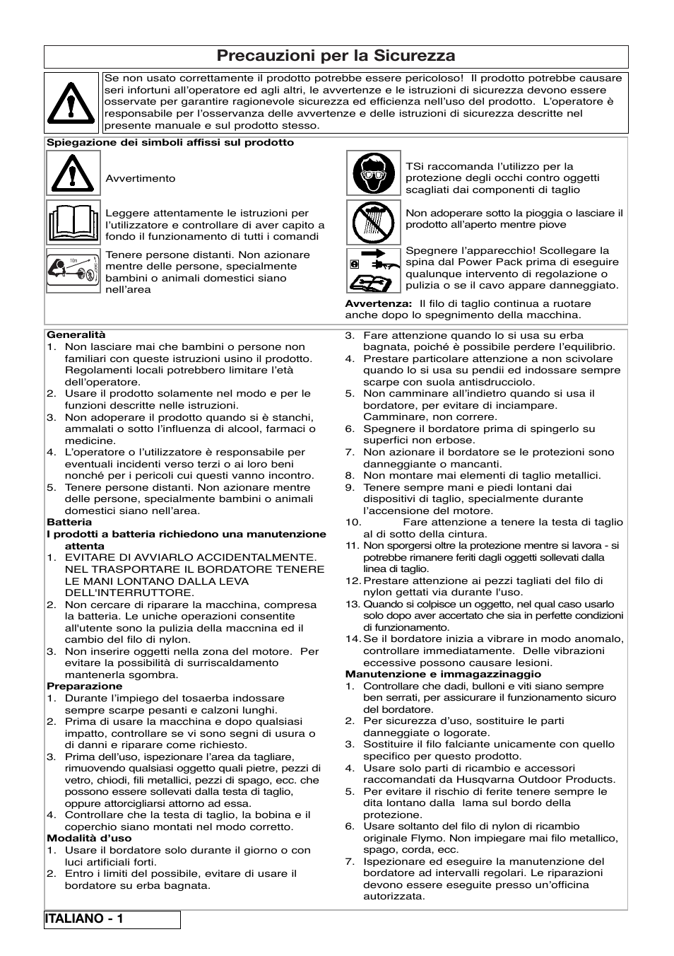Precauzioni per la sicurezza, Italiano - 1 | Flymo Sabre Trim User Manual | Page 24 / 40