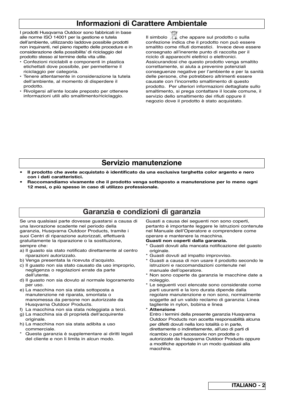 Garanzia e condizioni di garanzia, Informazioni di carattere ambientale, Servizio manutenzione | Italiano - 2 | Flymo Sabre Trim User Manual | Page 25 / 40