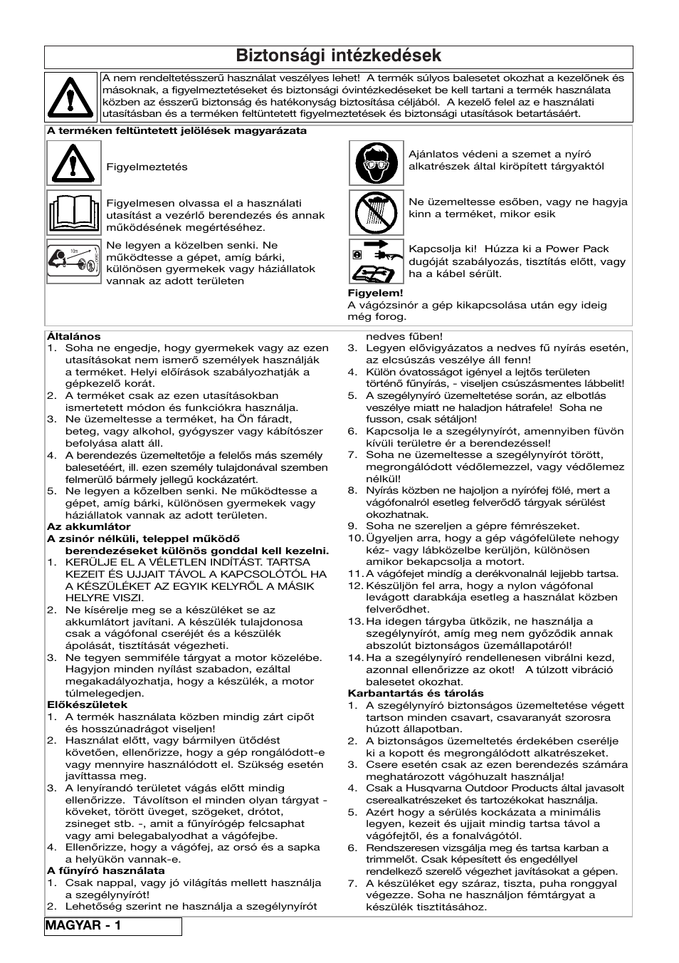 Biztonsági intézkedések, Magyar - 1 | Flymo Sabre Trim User Manual | Page 26 / 40