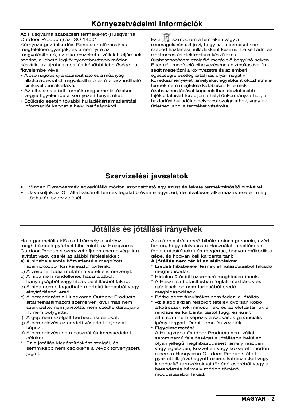 Jótállás és jótállási irányelvek, Környezetvédelmi információk, Szervizelési javaslatok | Magyar - 2 | Flymo Sabre Trim User Manual | Page 27 / 40