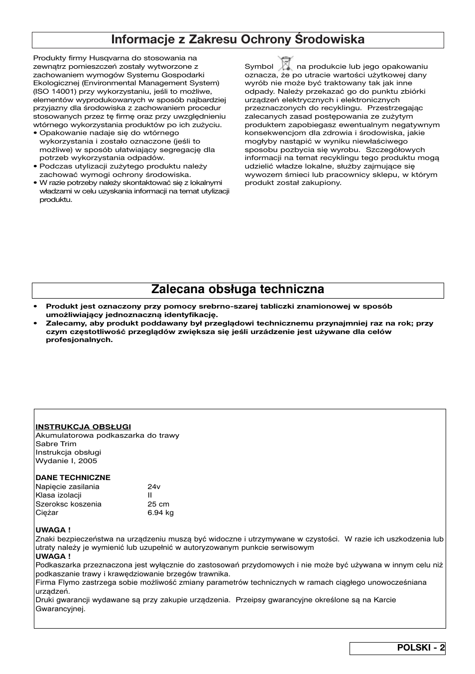 Informacje z zakresu ochrony środowiska, Zalecana obsługa techniczna, Polski - 2 | Flymo Sabre Trim User Manual | Page 31 / 40