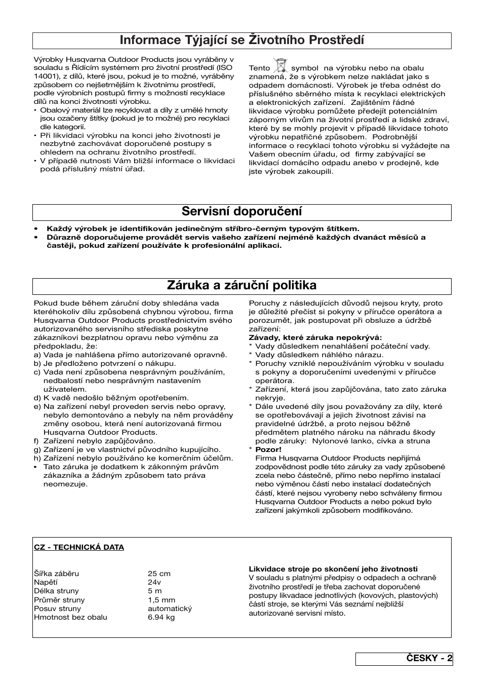 Informace týjající se životního prostředí, Záruka a záruční politika, Servisní doporučení | Česky - 2 | Flymo Sabre Trim User Manual | Page 33 / 40