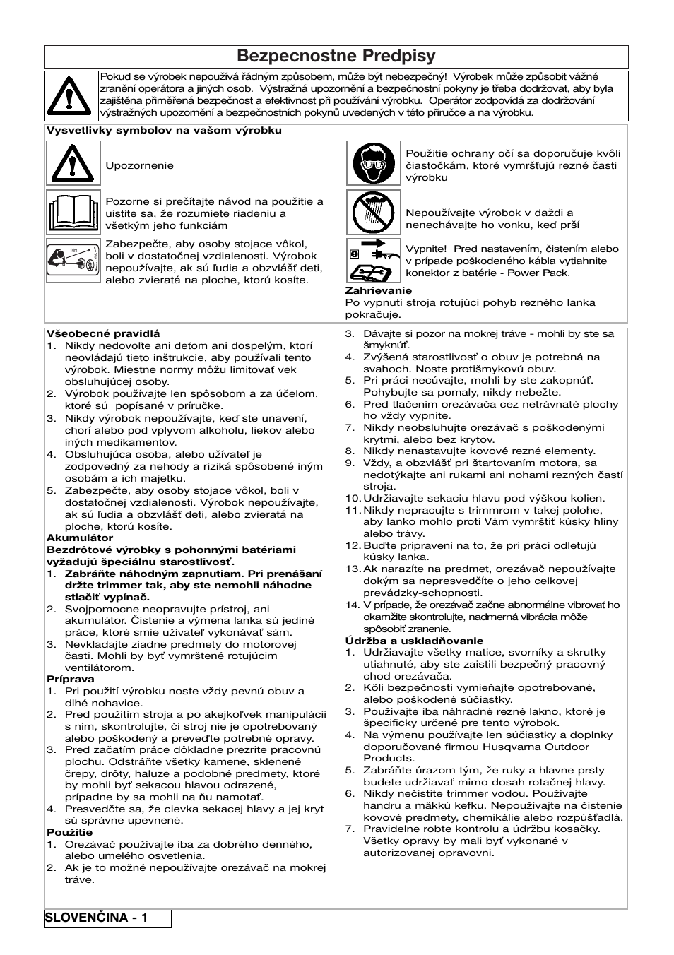 Bezpecnostne predpisy, Slovenčina - 1 | Flymo Sabre Trim User Manual | Page 34 / 40