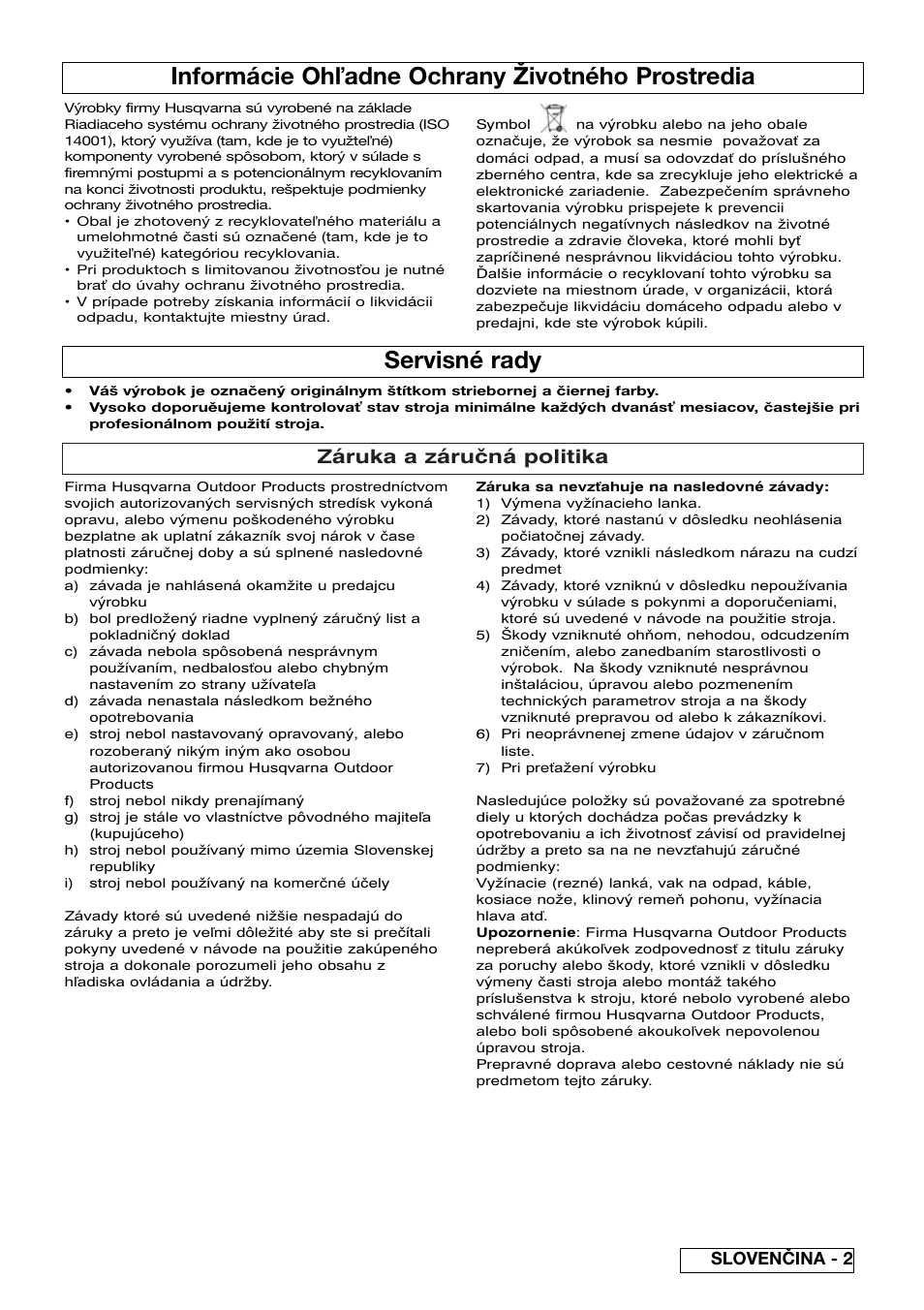 Informácie oh adne ochrany životného prostredia, Servisné rady, Záruka a záručná politika | Slovenčina - 2 | Flymo Sabre Trim User Manual | Page 35 / 40