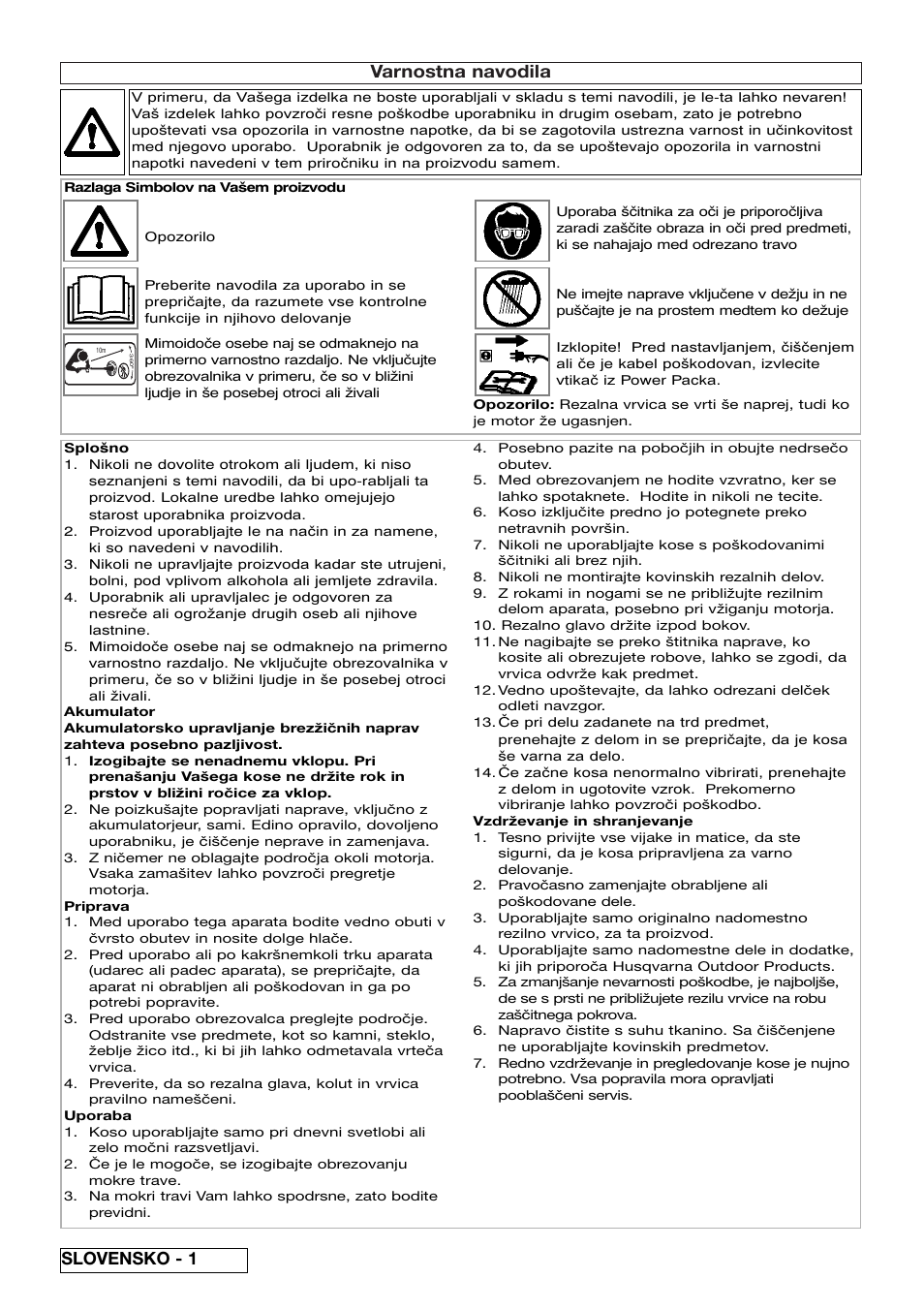 Varnostna navodila, Slovensko - 1 | Flymo Sabre Trim User Manual | Page 36 / 40