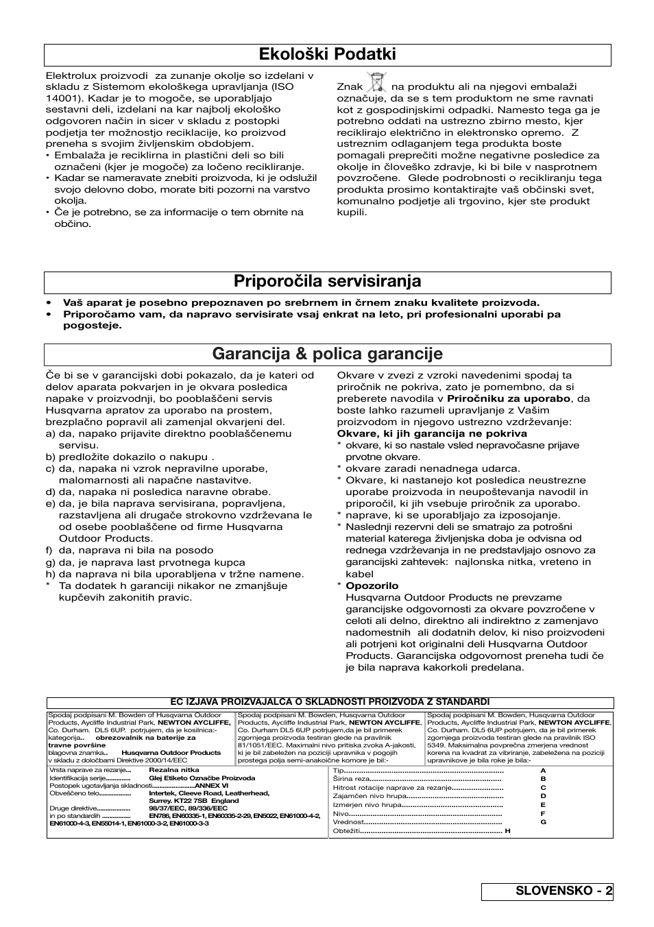 Garancija & polica garancije, Ekološki podatki, Priporočila servisiranja | Slovensko - 2 | Flymo Sabre Trim User Manual | Page 37 / 40