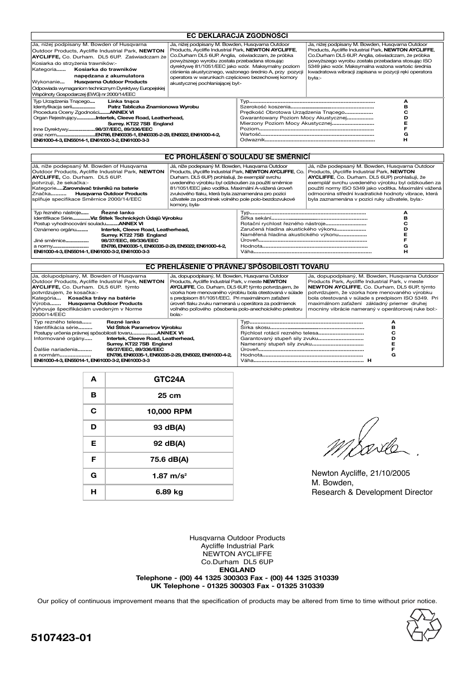 Gtc24a, H6.89 kg | Flymo Sabre Trim User Manual | Page 40 / 40