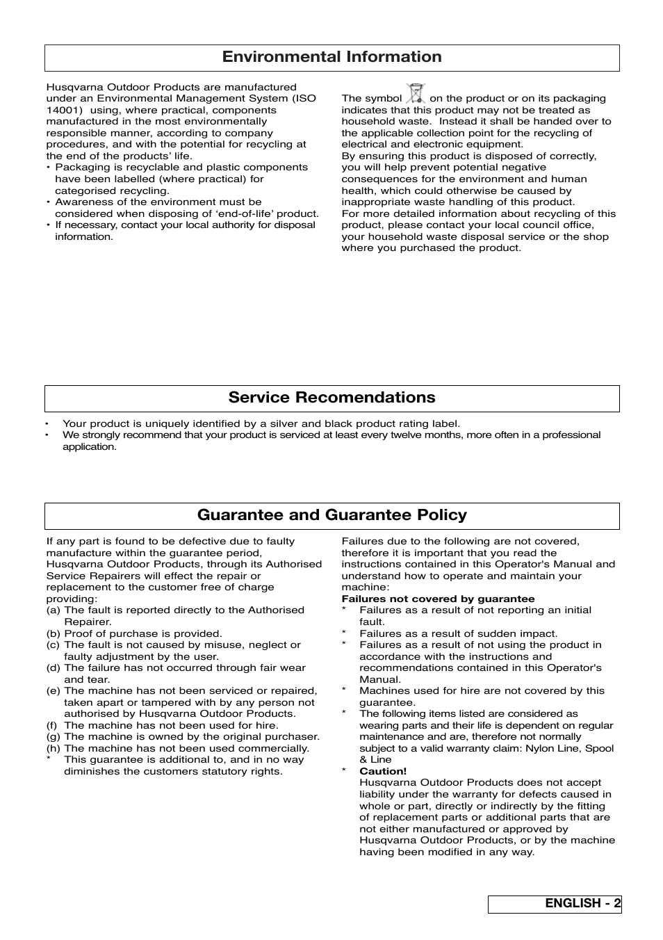 Environmental information, Guarantee and guarantee policy, Service recomendations | English - 2 | Flymo Sabre Trim User Manual | Page 5 / 40