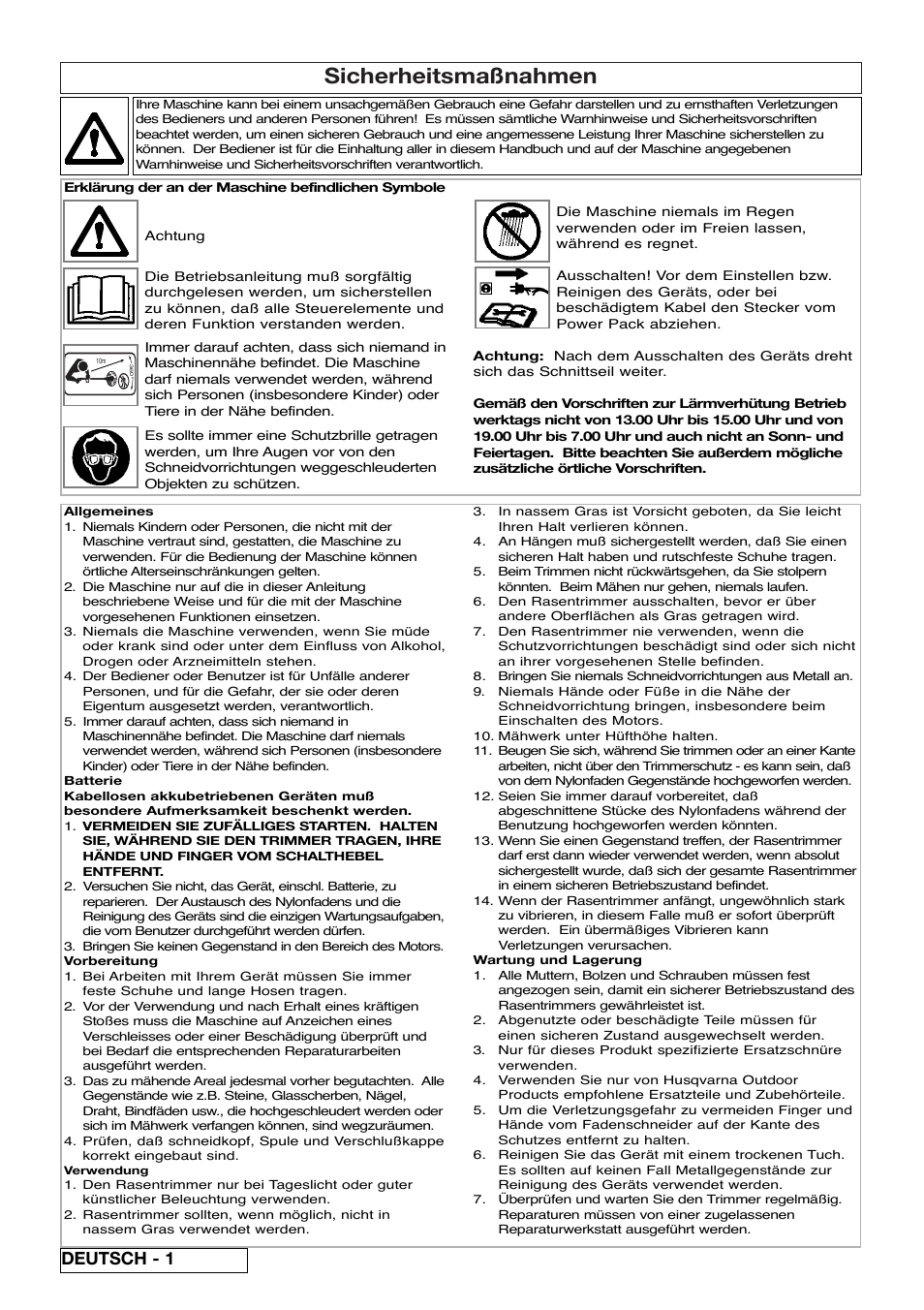 Sicherheitsmaßnahmen, Deutsch - 1 | Flymo Sabre Trim User Manual | Page 6 / 40
