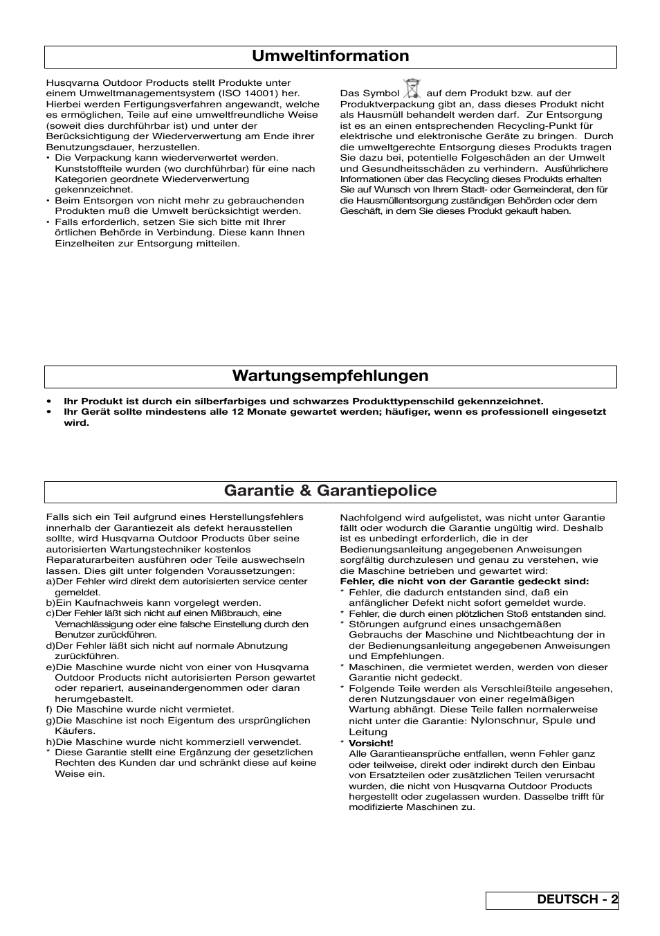 Garantie & garantiepolice, Umweltinformation, Wartungsempfehlungen | Deutsch - 2 | Flymo Sabre Trim User Manual | Page 7 / 40