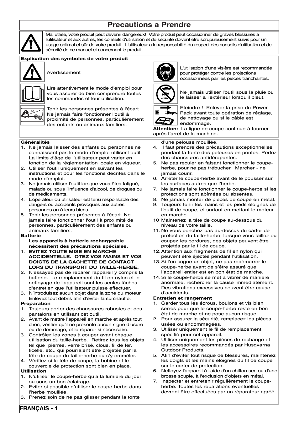 Precautions a prendre, Français - 1 | Flymo Sabre Trim User Manual | Page 8 / 40