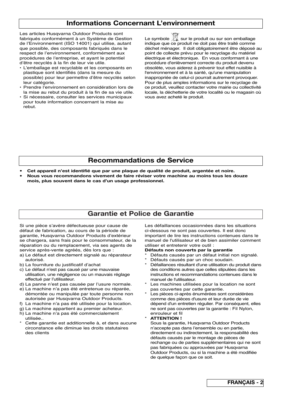 Garantie et police de garantie, Informations concernant l’environnement, Recommandations de service | Français - 2 | Flymo Sabre Trim User Manual | Page 9 / 40