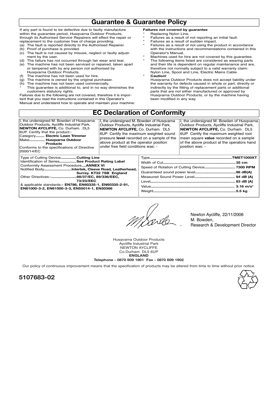 Guarantee & guarantee policy, Ec declaration of conformity | Flymo SAMURAI 1000XT User Manual | Page 9 / 9