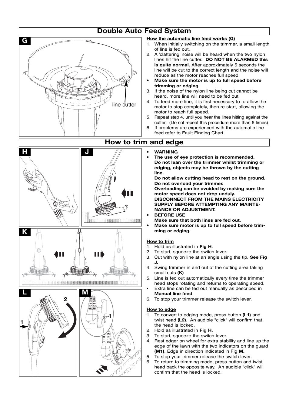 Double auto feed system, How to trim and edge, Jl h k how to trim and edge | Flymo Contour Power Plus Trimmers User Manual | Page 5 / 9