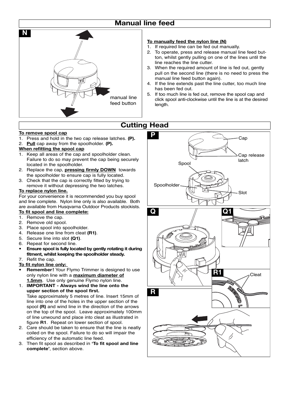 Manual line feed, Cutting head, Manual line feed n | Pq r, R1 q1 | Flymo Contour Power Plus Trimmers User Manual | Page 6 / 9