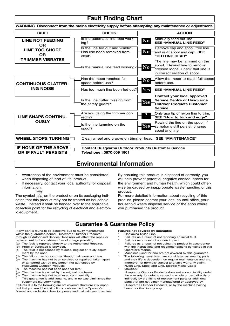 Fault finding chart, Environmental information, Guarantee & guarantee policy | No yes yes | Flymo Contour Power Plus Trimmers User Manual | Page 8 / 9