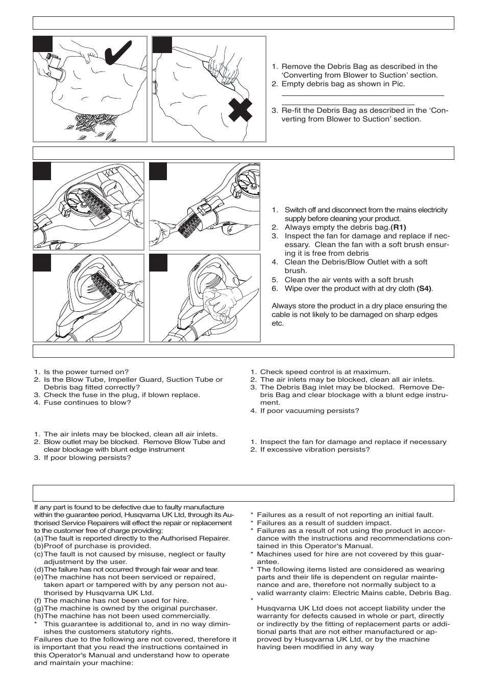 Guarantee & guarantee policy, Fault finding hints, Emptying the debris bag | S1 s2 s4 caring for your product s3 | Flymo TWISTER 2700XV User Manual | Page 7 / 8