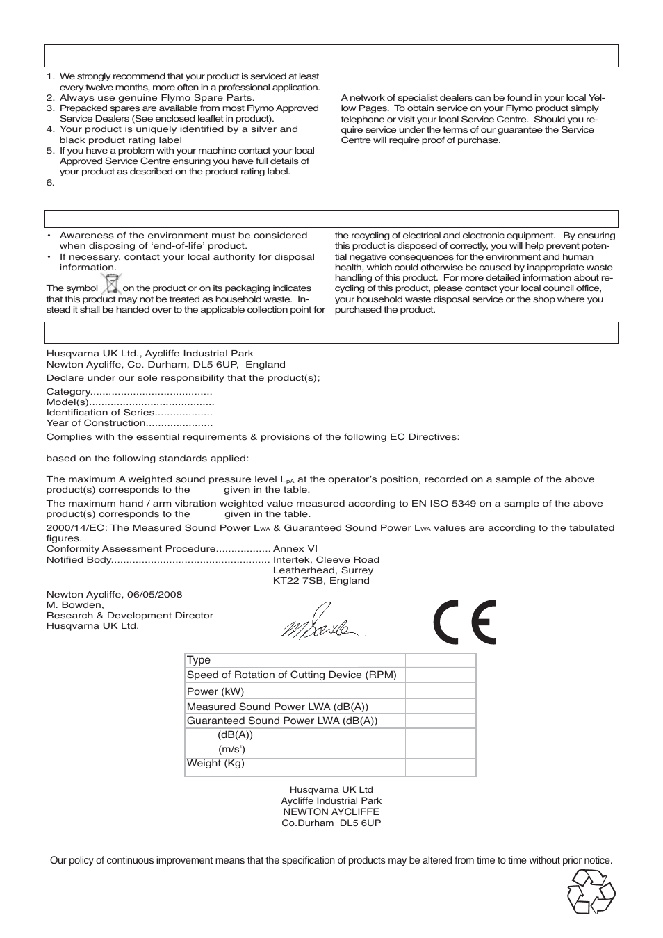 Ec declaration of conformity, Service recommendations, Environmental information | Flymo TWISTER 2700XV User Manual | Page 8 / 8