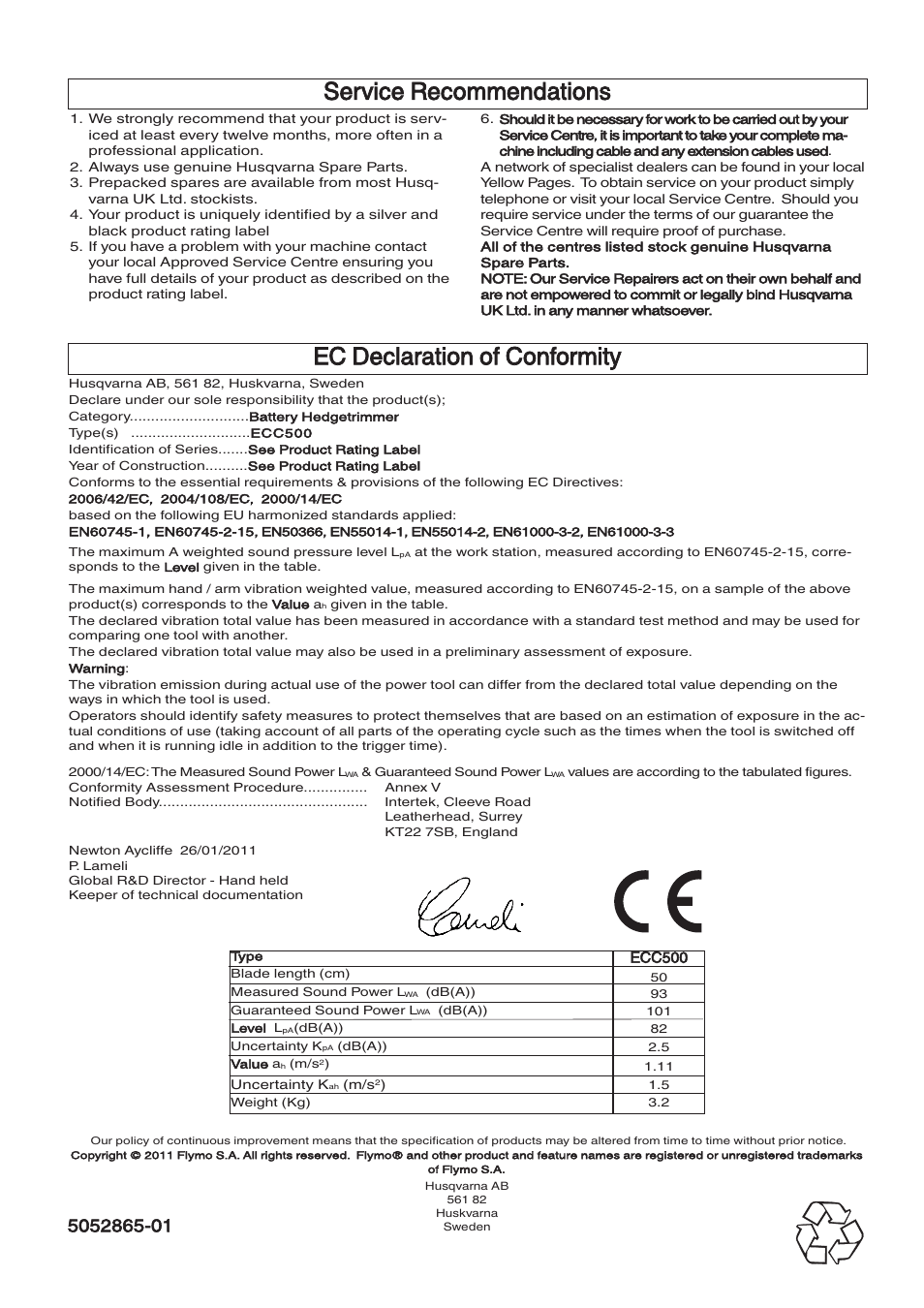Service recommendations, Ec declaration of conformity | Flymo EASICUT 500CT User Manual | Page 8 / 8