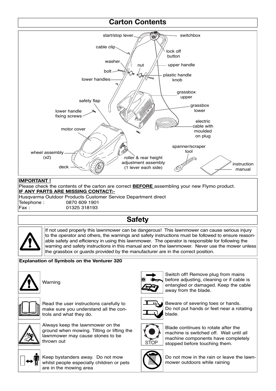 Carton contents, Safety | Flymo VENTURER 320 User Manual | Page 2 / 8
