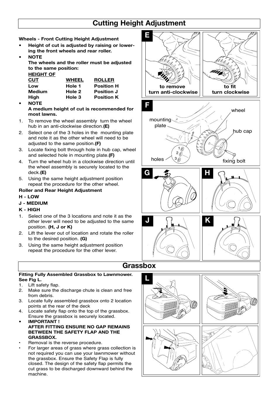 Cutting height adjustment, Grassbox, Gh j k grassbox | Flymo VENTURER 320 User Manual | Page 5 / 8