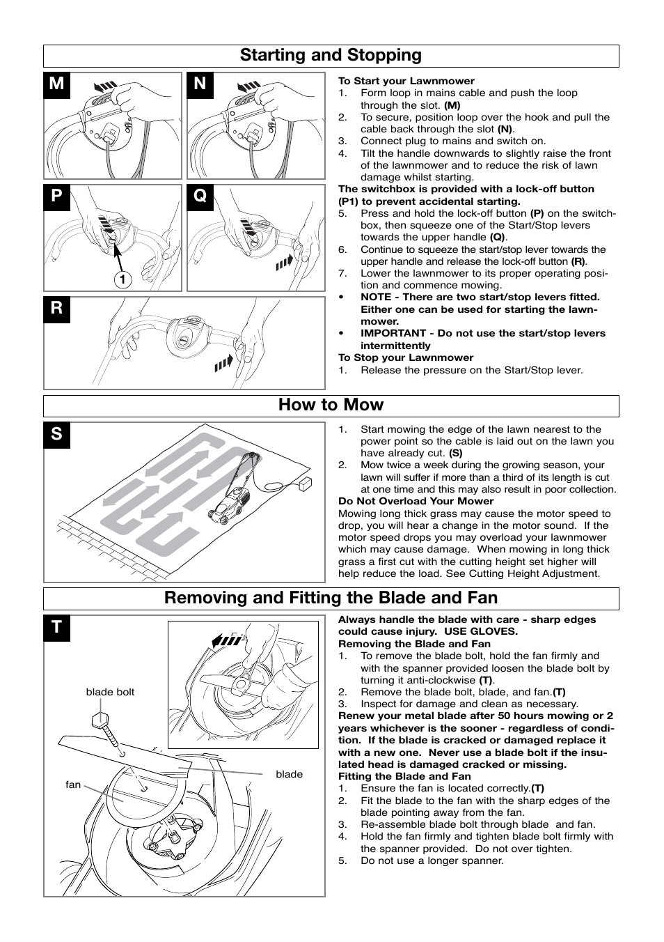 Starting and stopping, How to mow, Removing and fitting the blade and fan | Mn r starting and stopping, How to mow s | Flymo VENTURER 320 User Manual | Page 6 / 8