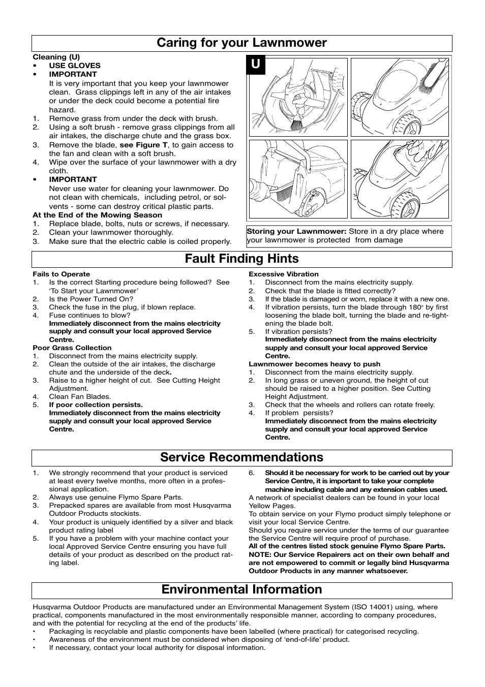 Caring for your lawnmower, Fault finding hints, Service recommendations | Environmental information, Uservice recommendations | Flymo VENTURER 320 User Manual | Page 7 / 8