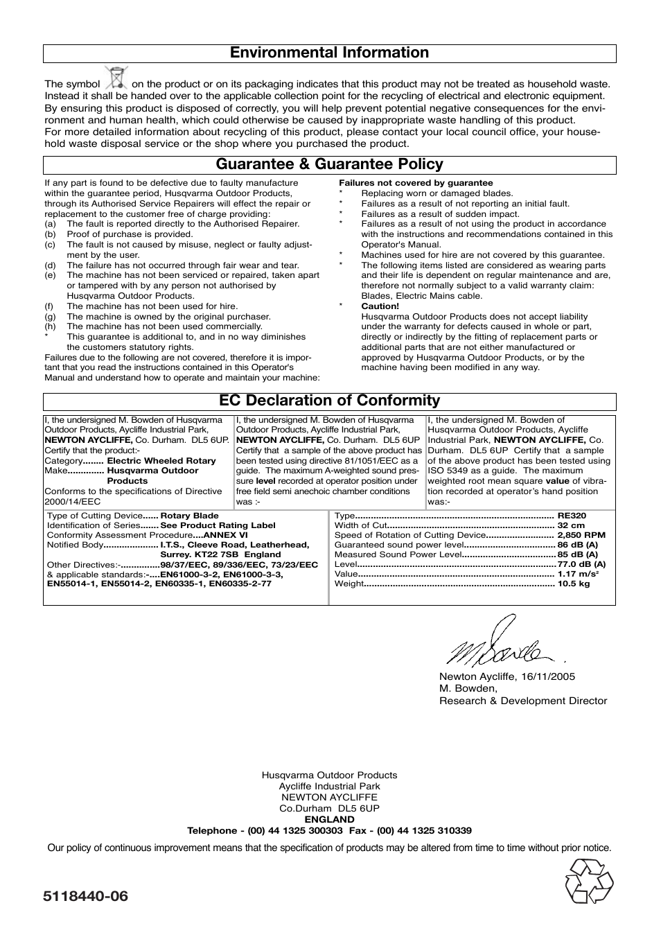 Environmental information, Guarantee & guarantee policy, Ec declaration of conformity | Flymo VENTURER 320 User Manual | Page 8 / 8