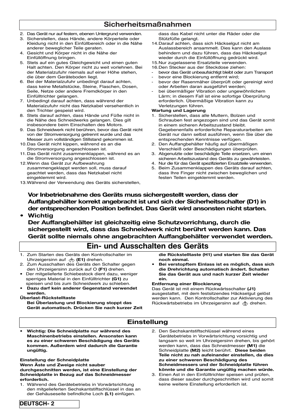 Ein- und ausschalten des geräts, Sicherheitsmaßnahmen, Einstellung | Flymo Pac a Shredder User Manual | Page 10 / 72