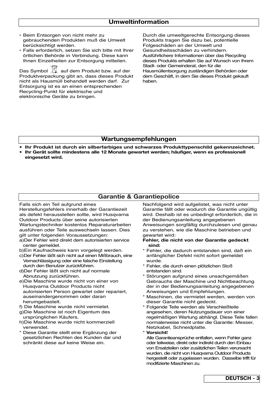 Garantie & garantiepolice, Umweltinformation, Wartungsempfehlungen | Deutsch - 3 | Flymo Pac a Shredder User Manual | Page 11 / 72