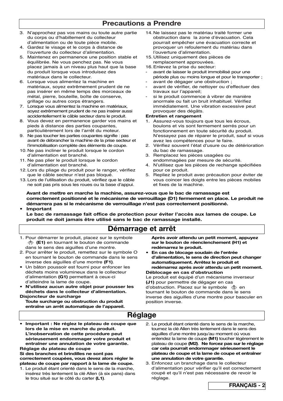 Démarrage et arrêt, Réglage, Precautions a prendre | Français - 2 | Flymo Pac a Shredder User Manual | Page 13 / 72