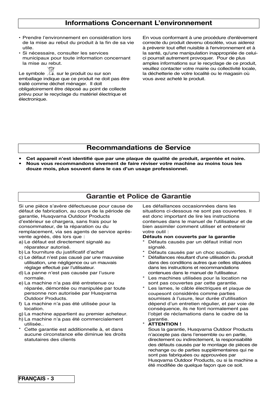 Garantie et police de garantie, Informations concernant l’environnement, Recommandations de service | Flymo Pac a Shredder User Manual | Page 14 / 72
