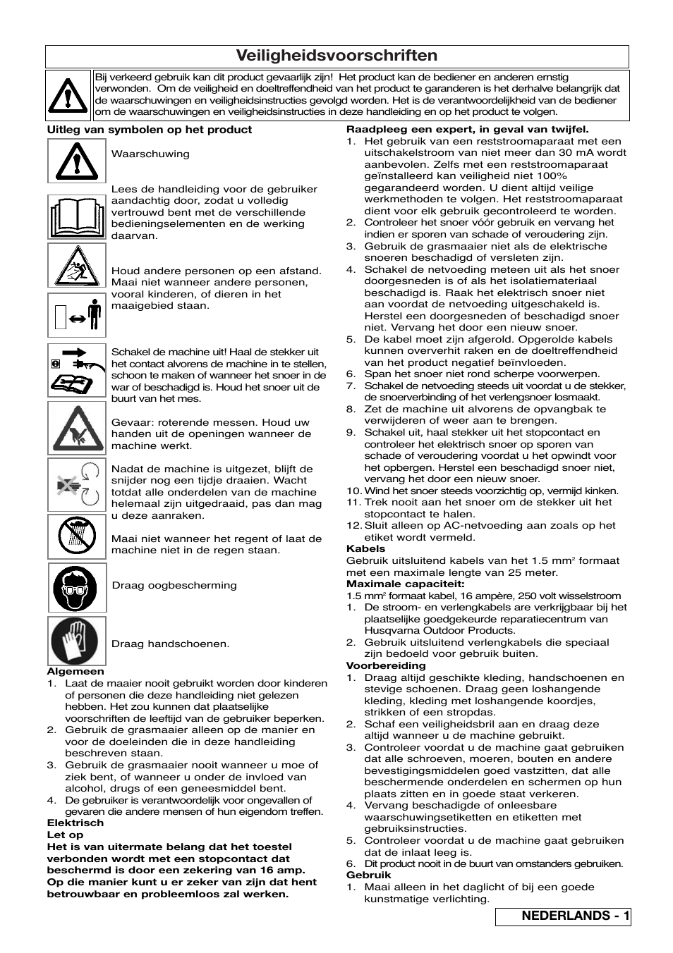 Veiligheidsvoorschriften, Nederlands - 1 | Flymo Pac a Shredder User Manual | Page 15 / 72