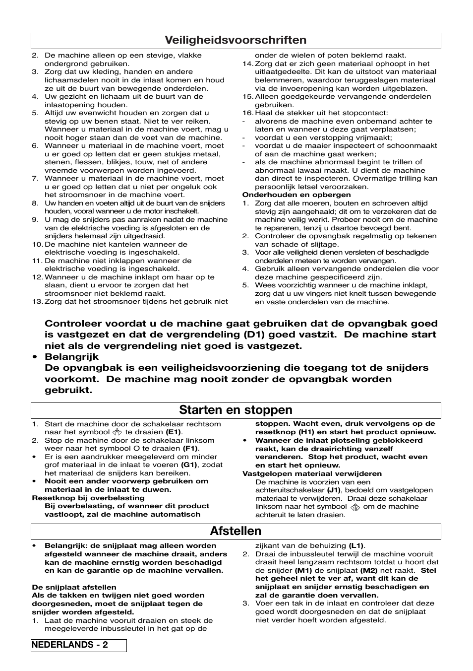Starten en stoppen, Afstellen, Veiligheidsvoorschriften | Flymo Pac a Shredder User Manual | Page 16 / 72
