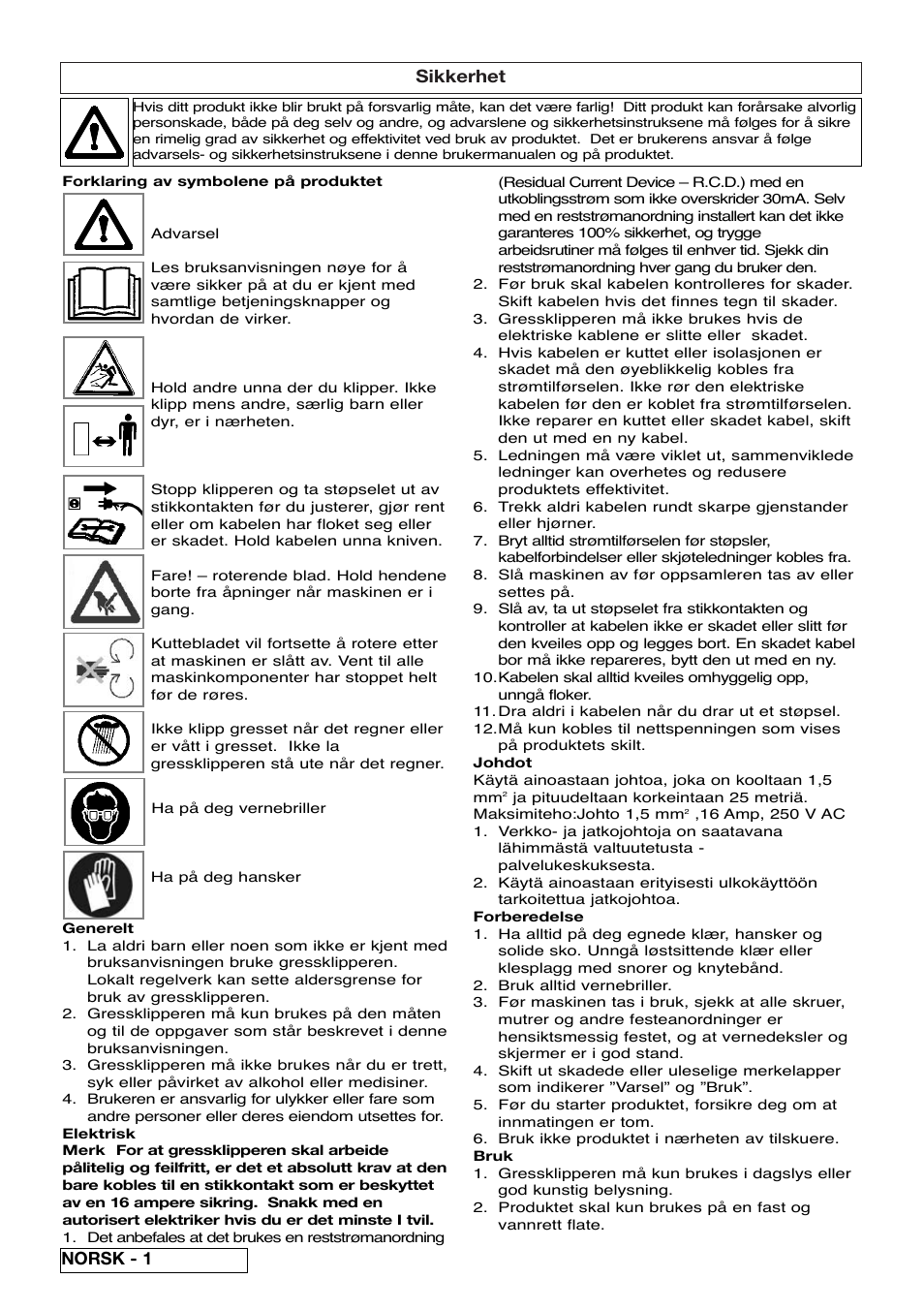 Sikkerhet, Norsk - 1 | Flymo Pac a Shredder User Manual | Page 18 / 72