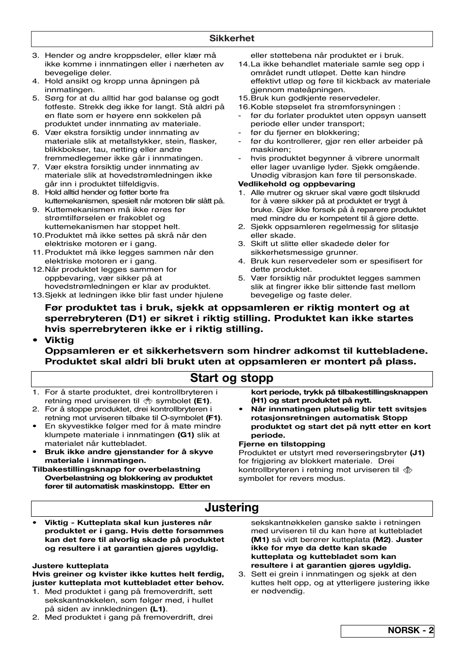 Start og stopp, Justering | Flymo Pac a Shredder User Manual | Page 19 / 72