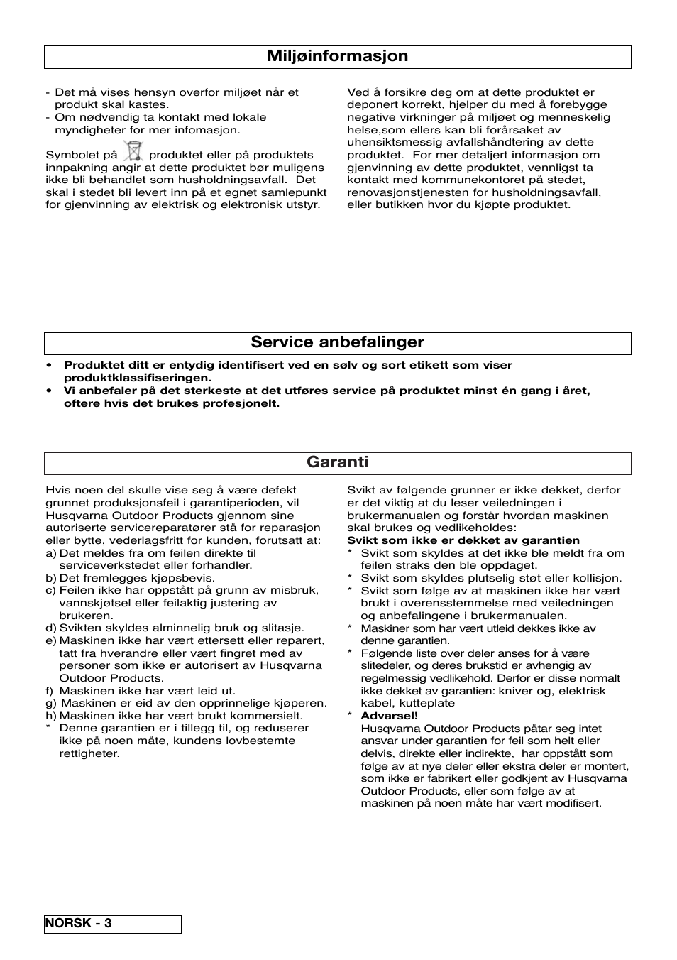 Garanti, Miljøinformasjon, Service anbefalinger | Flymo Pac a Shredder User Manual | Page 20 / 72